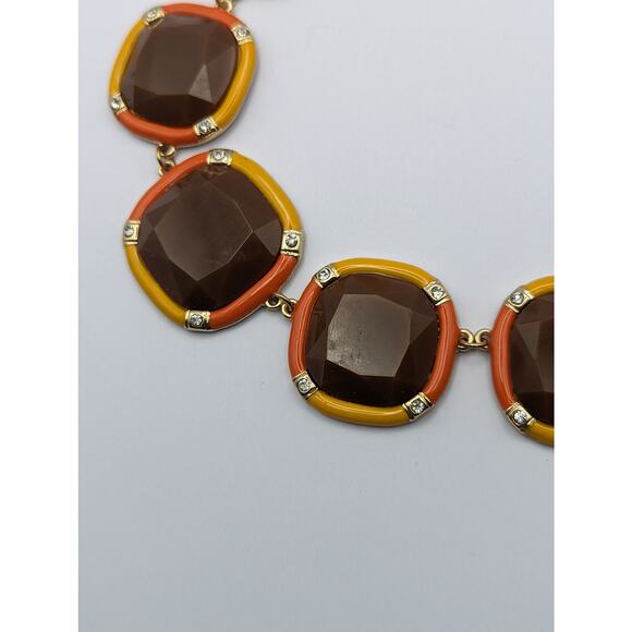 Gold Square Stone Statement Necklace Brown Yellow Orange Da Vinci Adjustable - Picture 3 of 5
